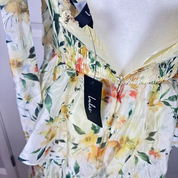 Lulus Yellow Floral Tiered Maxi Dress M Cottagecore Sweetheart Chiffon NWT - Picture 6 of 11